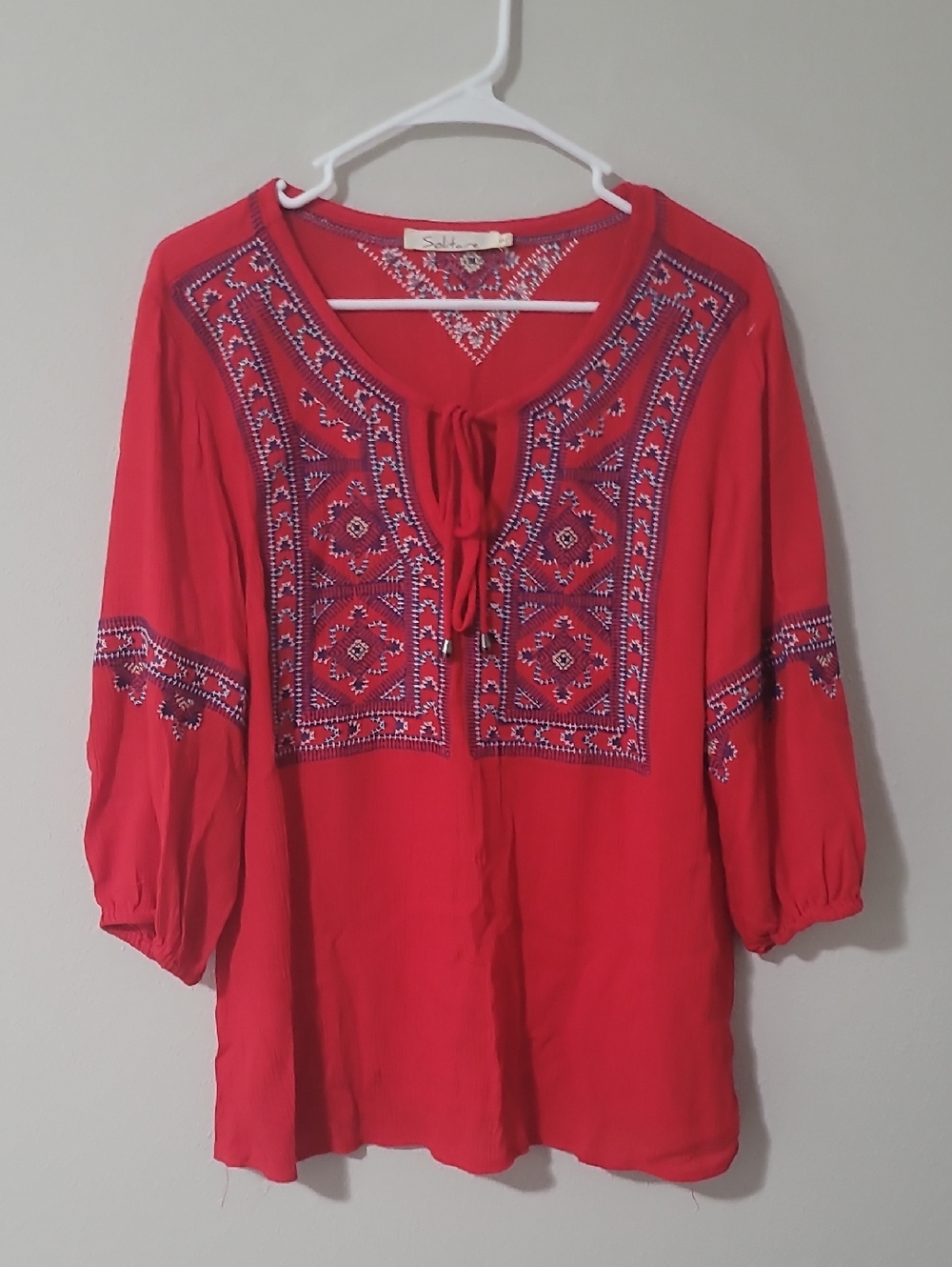 Solitaire Red Embroidered Tie-Neck Tunic